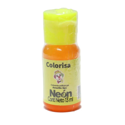 Frasco de colorante en gel neón amarillo de 13 ml marca Colorisa disponible en Vallia Repostería para repostería