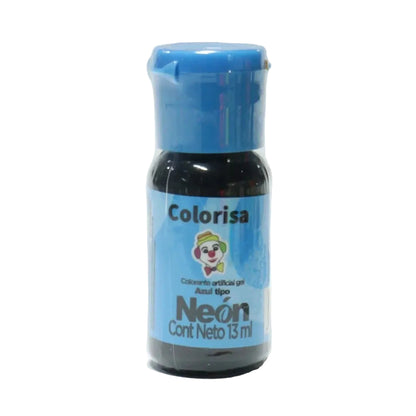 Frasco de colorante en gel neón azul de 13 gr marca Colorisa disponible en Vallia Repostería para repostería creativa.