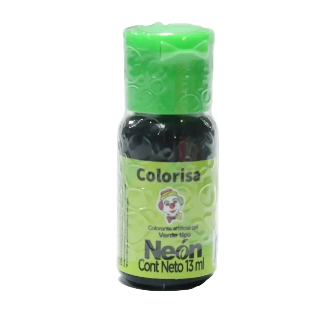 Frasco de colorante en gel neón verde Colorisa de 13 gr para repostería, marca Vallia Repostería