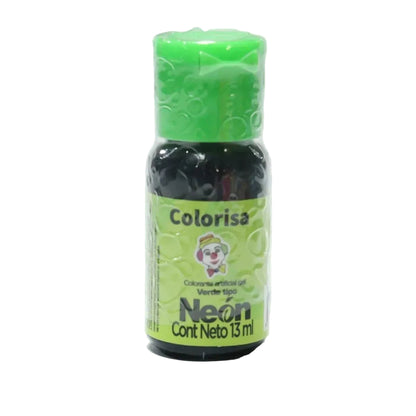 Frasco de colorante en gel neón verde Colorisa de 13 gr para repostería, marca Vallia Repostería