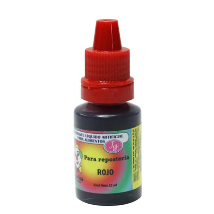 Frasco de colorante líquido rojo para repostería de la marca Vallia Repostería con tapa dosificadora de 12 ml