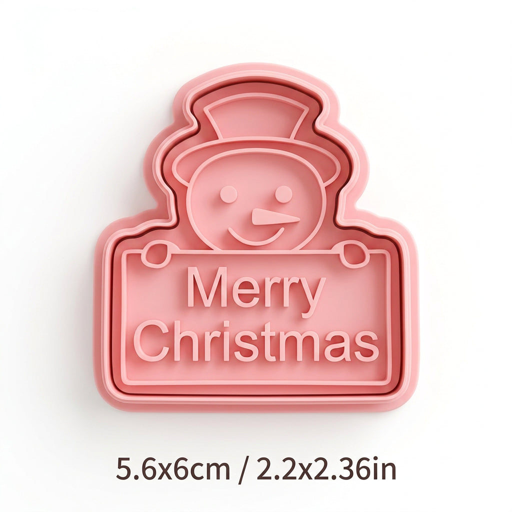 Cortador de galletas Vallia Repostería con diseño de muñeco de nieve y mensaje Merry Christmas en plástico rosa
