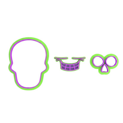 Set de 3 cortadores de galletas Vallia Repostería con diseño de calavera Catrina en plástico PLA verde y morado.