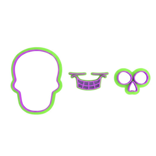 Set de 3 cortadores de galletas Vallia Repostería con diseño de calavera Catrina en plástico PLA verde y morado.