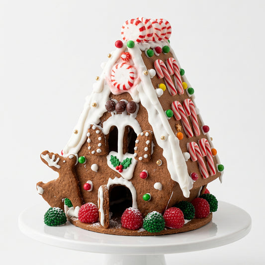 Casita de jengibre navideña decorada con glaseado y dulces, creada con el set de Vallia Repostería sobre fondo rojo.