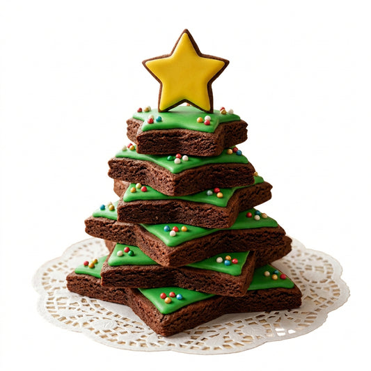 Árbol de Navidad hecho con galletas de estrella decoradas con glaseado verde y perlas, de Vallia Repostería