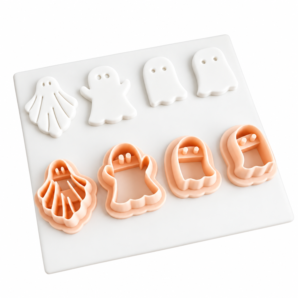 Set de 4 cortadores de galletas Vallia Repostería con formas de fantasmas en color blanco y durazno sobre base blanca