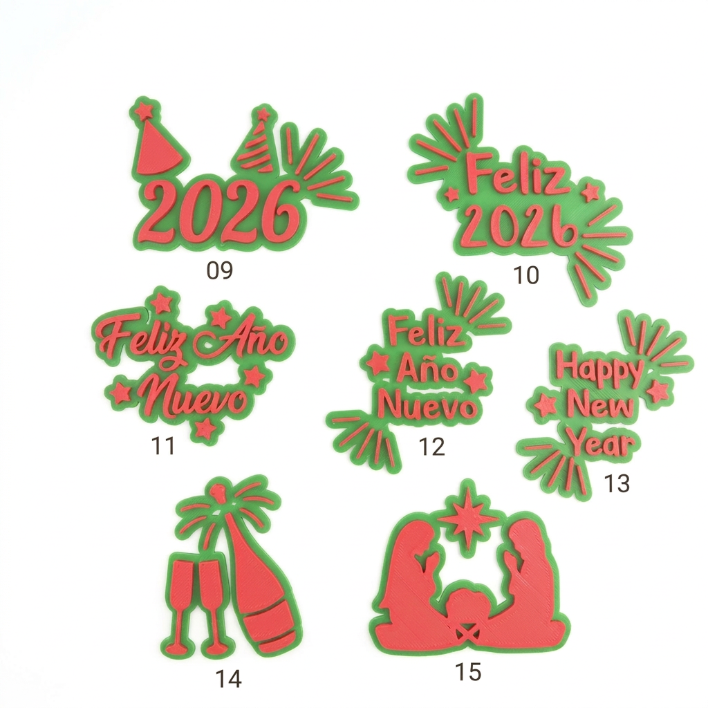 sellos navideños para galletas Vallia Repostería con diseños festivos de Navidad y Año Nuevo  en verde y rojo.