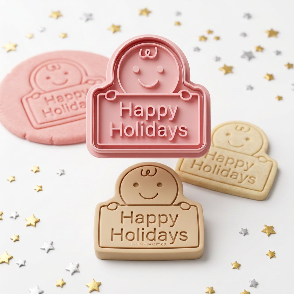 cortador de galletas Vallia Repostería con diseño de muñeco y mensaje Happy Holidays en plástico resistente.