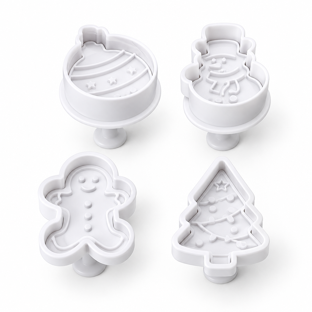 Set de 4 cortadores de galletas Vallia Repostería con diseños navideños de plástico blanco y sistema de sello