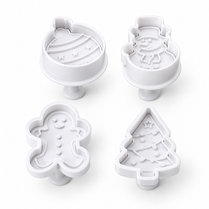 Set de 4 cortadores de galletas Vallia Repostería con diseños navideños de plástico blanco y sistema de sello