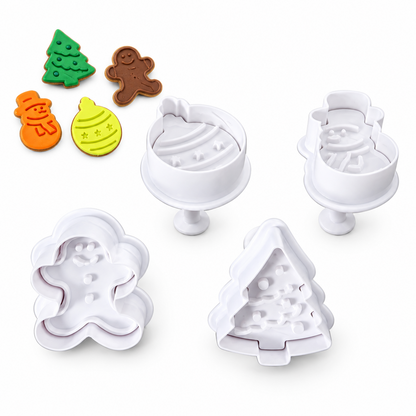 Set de 4 cortadores de galletas navideñas Vallia Repostería con diseño de sello para figuras detalladas en relieve.