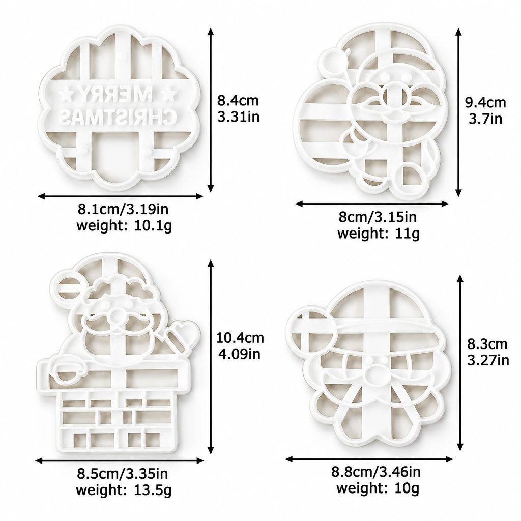 Set de 4 cortadores de galletas navideños de Vallia Repostería en plástico blanco con medidas detalladas