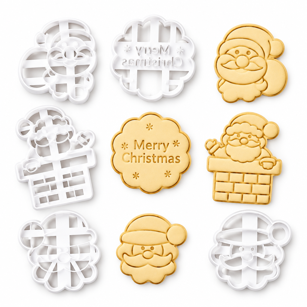 Set de 4 cortadores de galletas navideños Vallia Repostería con diseños de Santa Claus y mensajes festivos en plástico