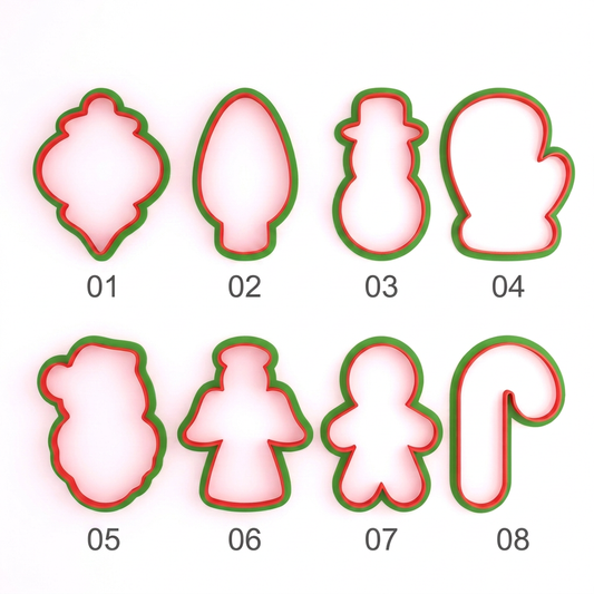 Cortadores navideños numerados Ocho modelos de cortadores navideños, con esfera, bombillo, muñeco de nieve, mitón, Papá Noel, ángel, muñeco de jengibre y bastón.