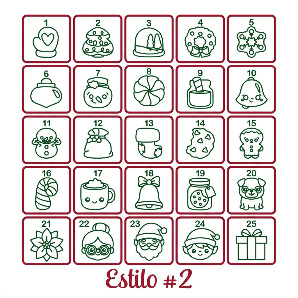 Estilo 2 del calendario de Adviento: 25 motivos navideños numerados para marcar en fondant.