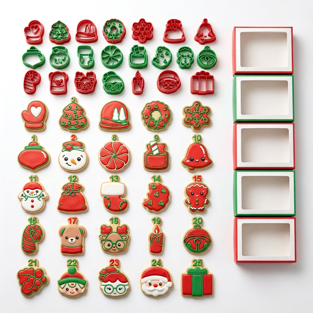 Set de 25 cortadores de galletas navideños Vallia Repostería con formas variadas para calendario de adviento