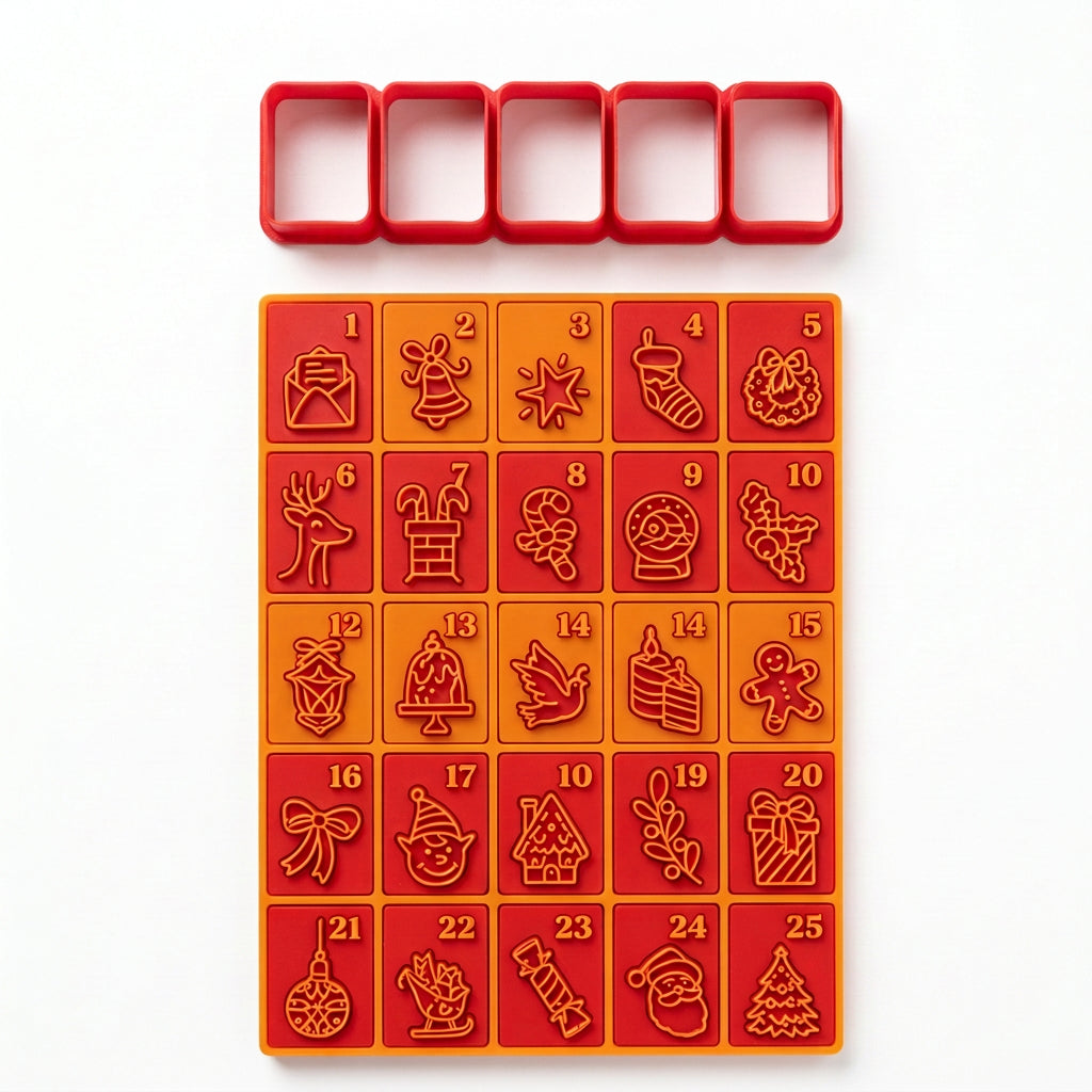 Kit para calendario de Adviento con 5 placas texturizadoras de motivos navideños y 1 cortador múltiple para fondant.
