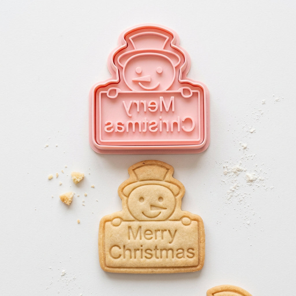 Cortadores de galletas Vallia Repostería con diseño de muñeco de nieve y mensaje Merry Christmas en plástico rosa