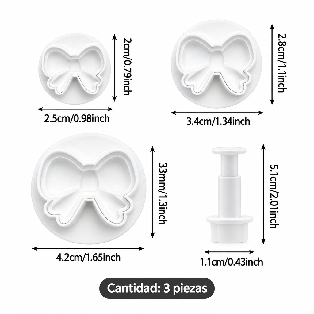 Set de 3 cortadores de émbolo Vallia Repostería con forma de lazo en plástico blanco para decorar fondant y galletas