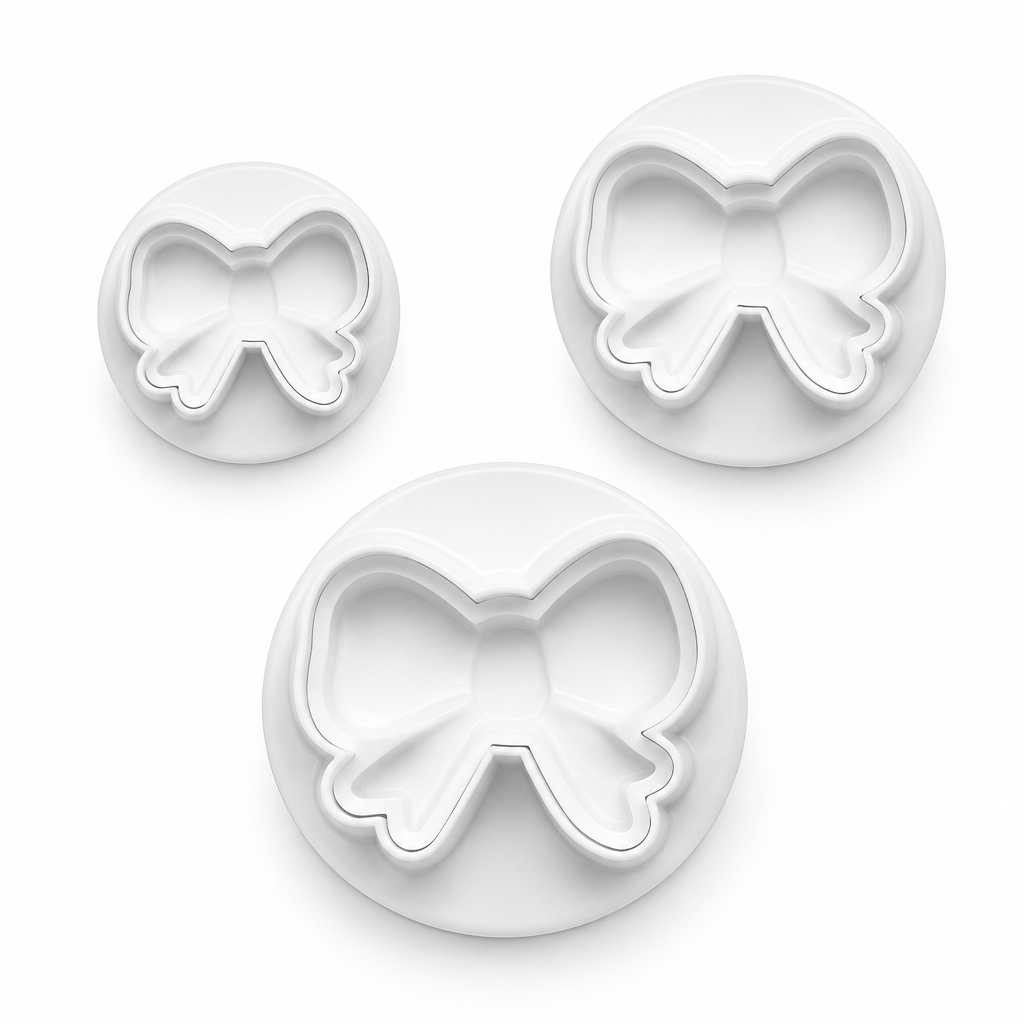 Set de 3 cortadores de émbolo Vallia Repostería con forma de lazo en plástico blanco para decorar fondant y galletas