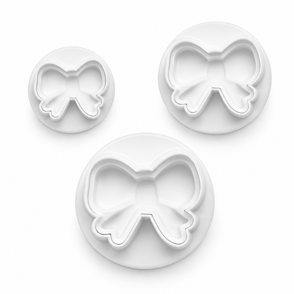 Set de 3 cortadores de émbolo Vallia Repostería con forma de lazo en plástico blanco para decorar fondant y galletas