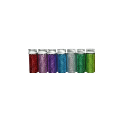 Siete frascos de escarcha comestible Vallia Repostería en colores vibrantes para decorar tortas y postres.