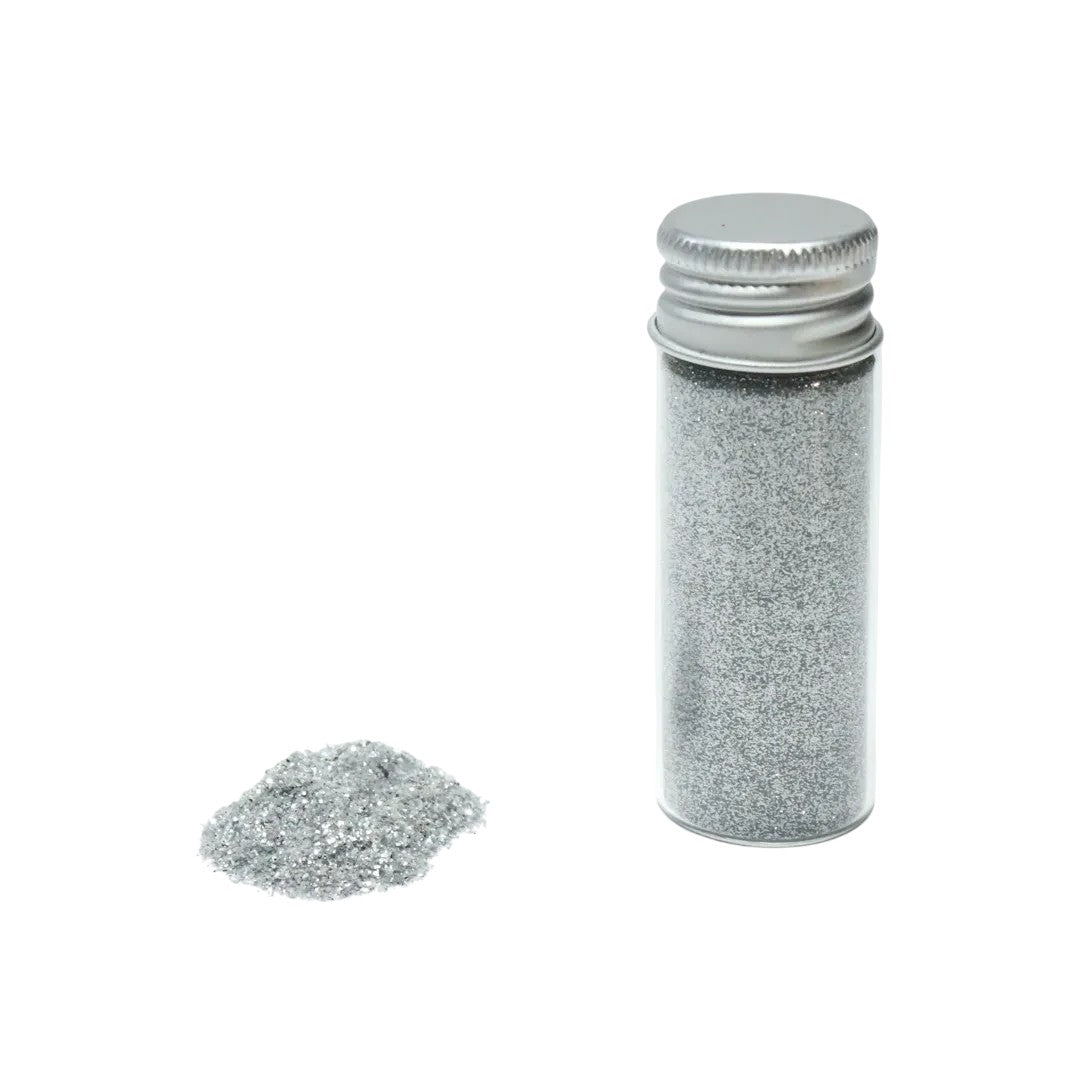 Escarcha comestible plateada de Vallia Repostería en frasco de 10 g para decorar tortas y postres con brillo intenso