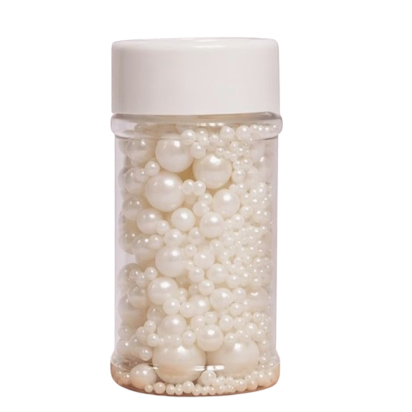 Frasco de Vallia Repostería con grageas comestibles blancas en forma de perlas de diferentes tamaños para decoración