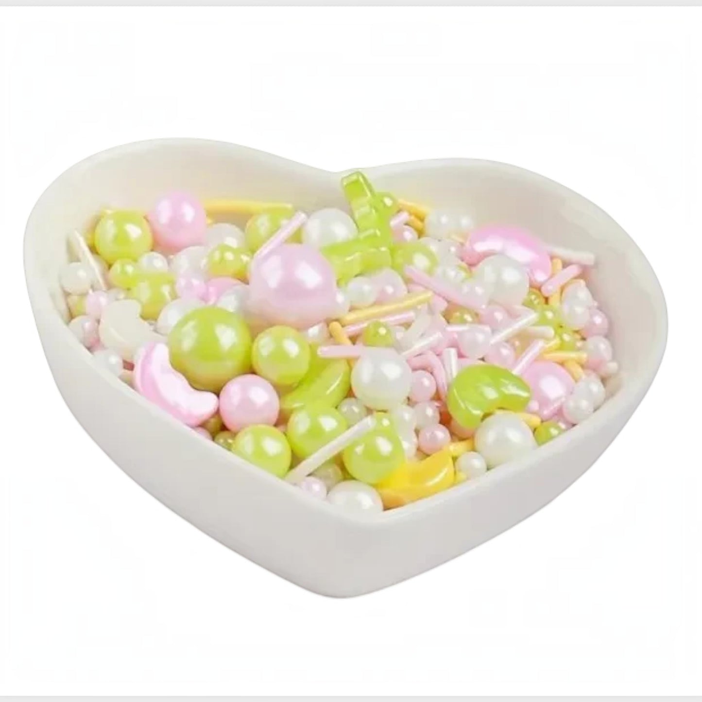 Kit surtido de grageas Vallia Repostería con perlas, palitos y lunas en tonos pastel verde, rosa y blanco