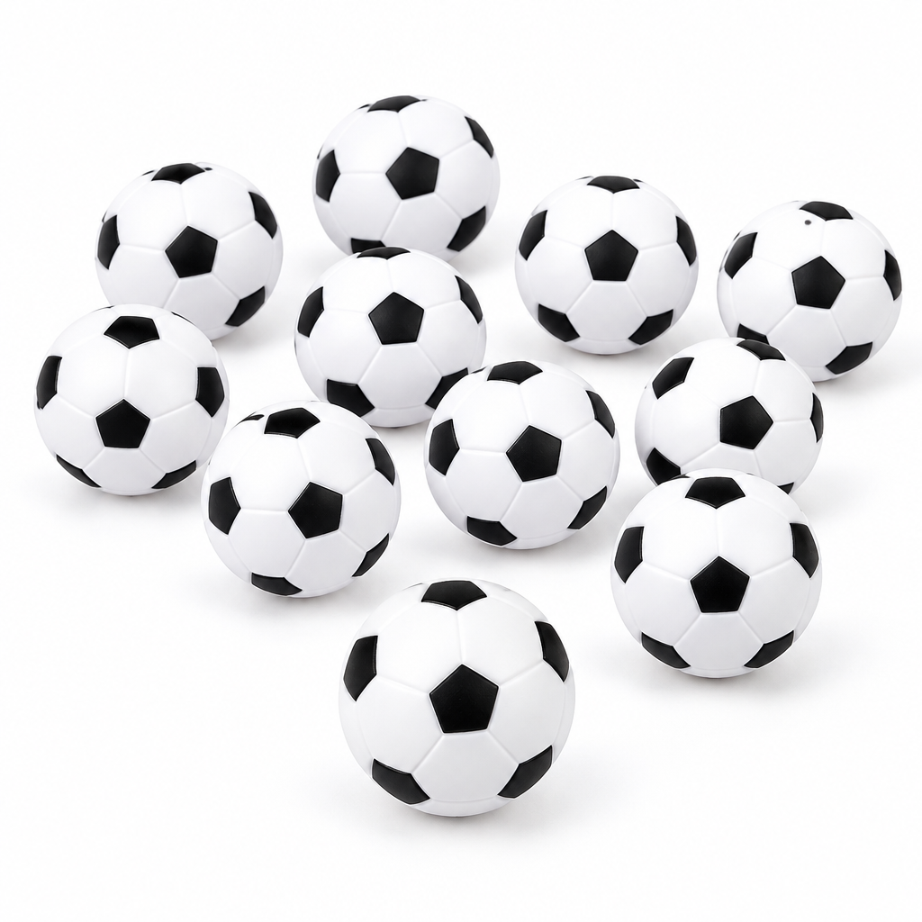Set de 16 mini balones de fútbol Vallia Repostería en blanco y negro, ideales para decoración y juegos infantiles.