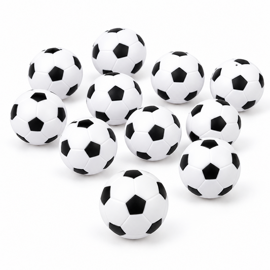 Set de 16 mini balones de fútbol Vallia Repostería en blanco y negro, ideales para decoración y juegos infantiles.
