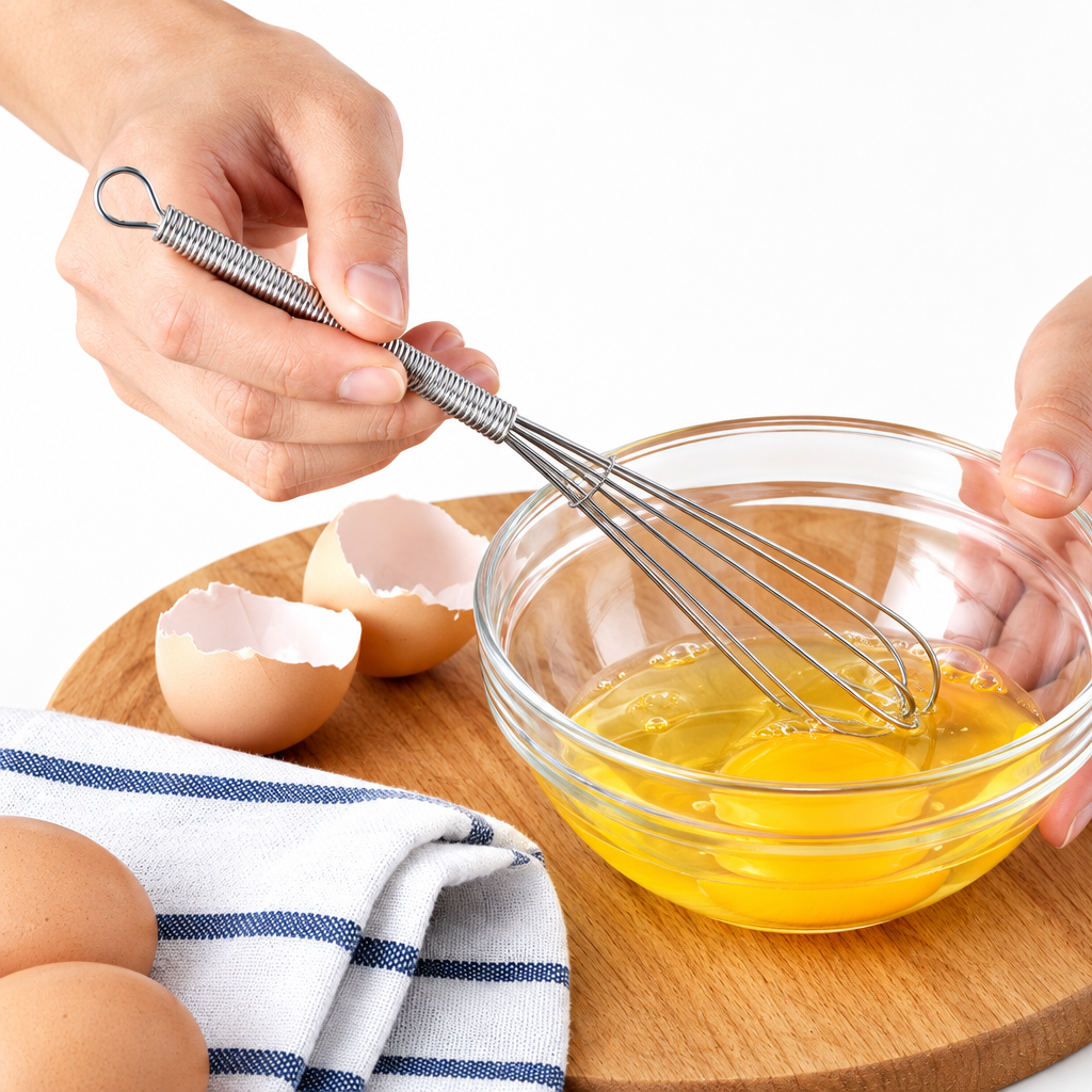 mini batidores de acero inoxidable Vallia Repostería para mezclar huevos en un recipiente de vidrio