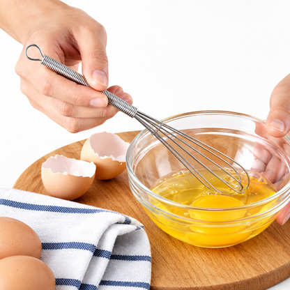 mini batidores de acero inoxidable Vallia Repostería para mezclar huevos en un recipiente de vidrio
