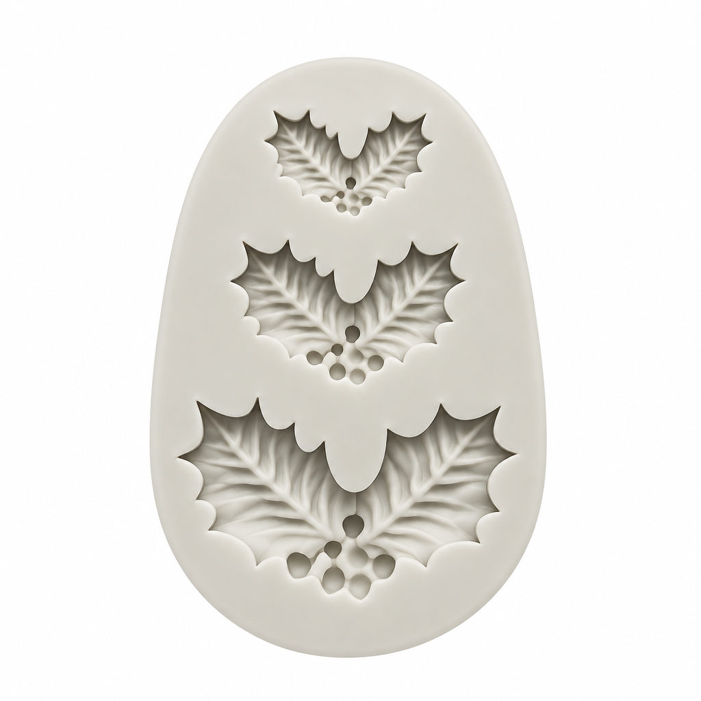 Molde de silicona blanco Vallia Repostería con diseño detallado de hojas de acebo y bayas para decoraciones navideñas
