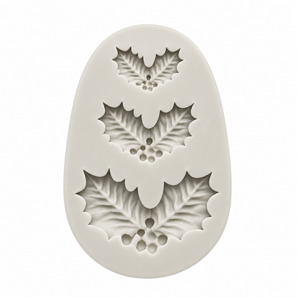 Molde de silicona blanco Vallia Repostería con diseño detallado de hojas de acebo y bayas para decoraciones navideñas