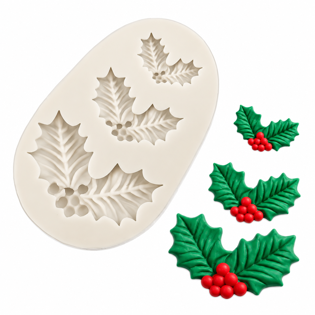 Molde de silicona Vallia Repostería blanco para repostería con diseño de hojas de acebo y bayas navideñas