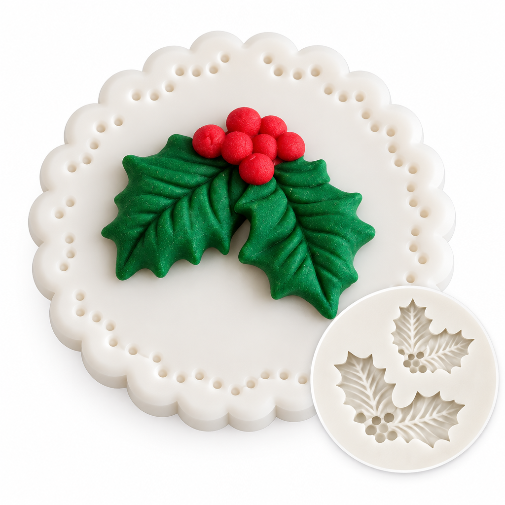 Molde de silicona Vallia Repostería blanco para fondant con diseño de hojas de acebo y bayas navideñas