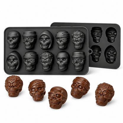 Molde de silicona negro Vallia Repostería para 10 calaveras de chocolate, ideal para repostería creativa y Halloween.