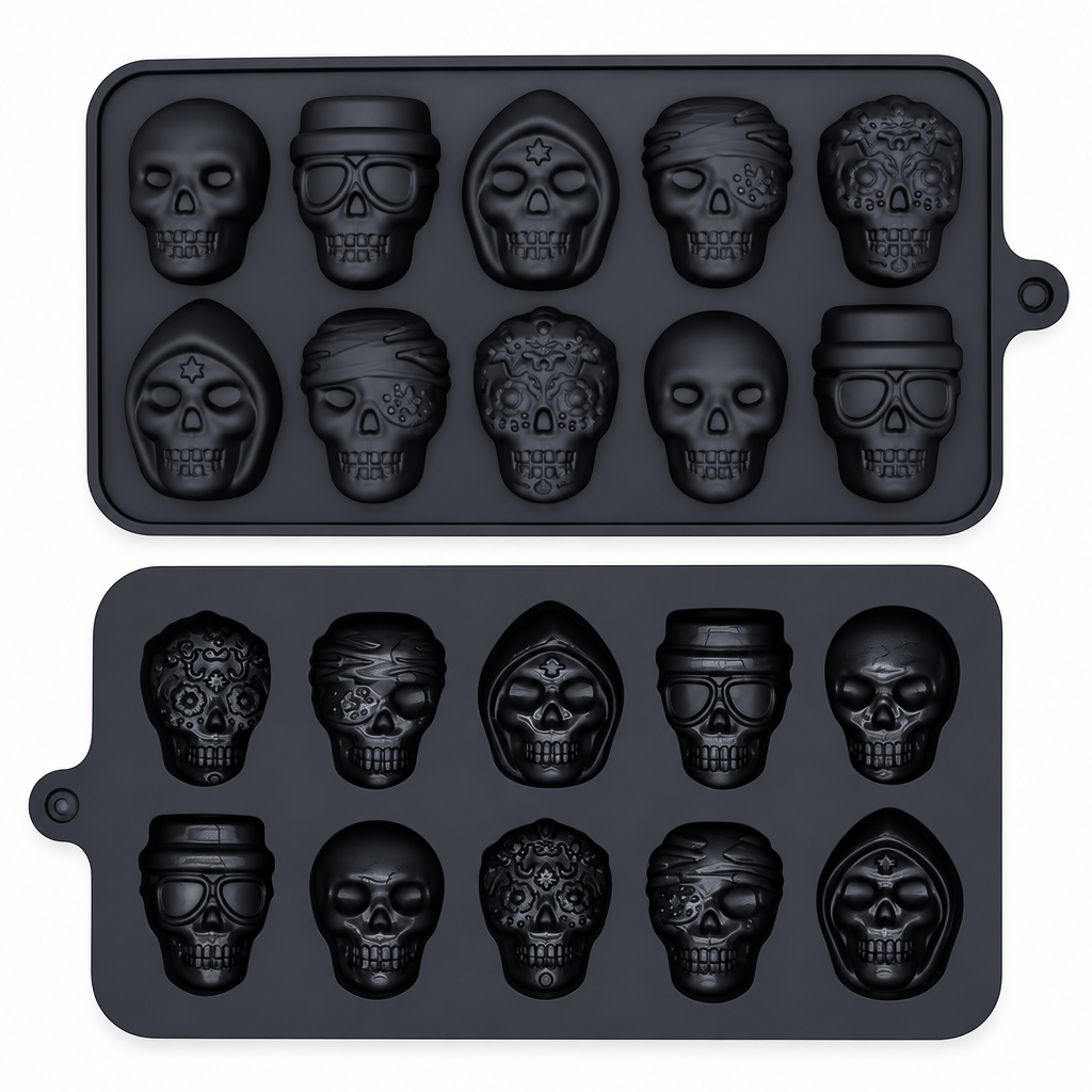 Molde de silicona negro Vallia Repostería con 10 cavidades detalladas en forma de calaveras para repostería y hielos