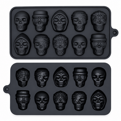 Molde de silicona negro Vallia Repostería con 10 cavidades detalladas en forma de calaveras para repostería y hielos