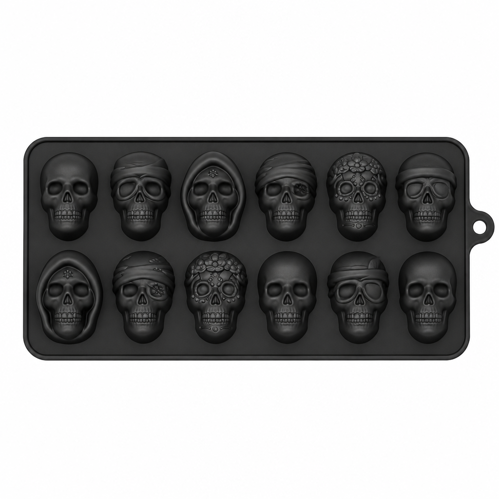 Molde de silicona negro Vallia Repostería para 10 hielos o chocolates con forma de calaveras detalladas