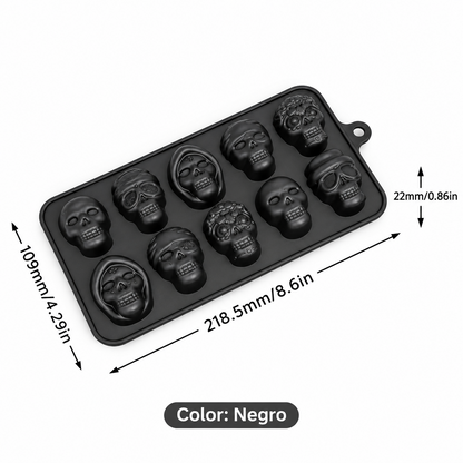 Molde de silicona negro Vallia Repostería con 10 cavidades detalladas en forma de calaveras para postres y hielos