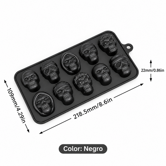 Molde de silicona negro Vallia Repostería con 10 cavidades detalladas en forma de calaveras para postres y hielos
