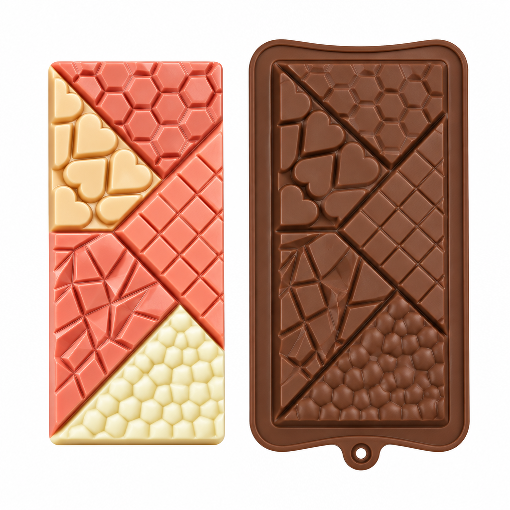 Molde de silicona Vallia Repostería para tabletas de chocolate con texturas geométricas de corazones y panales