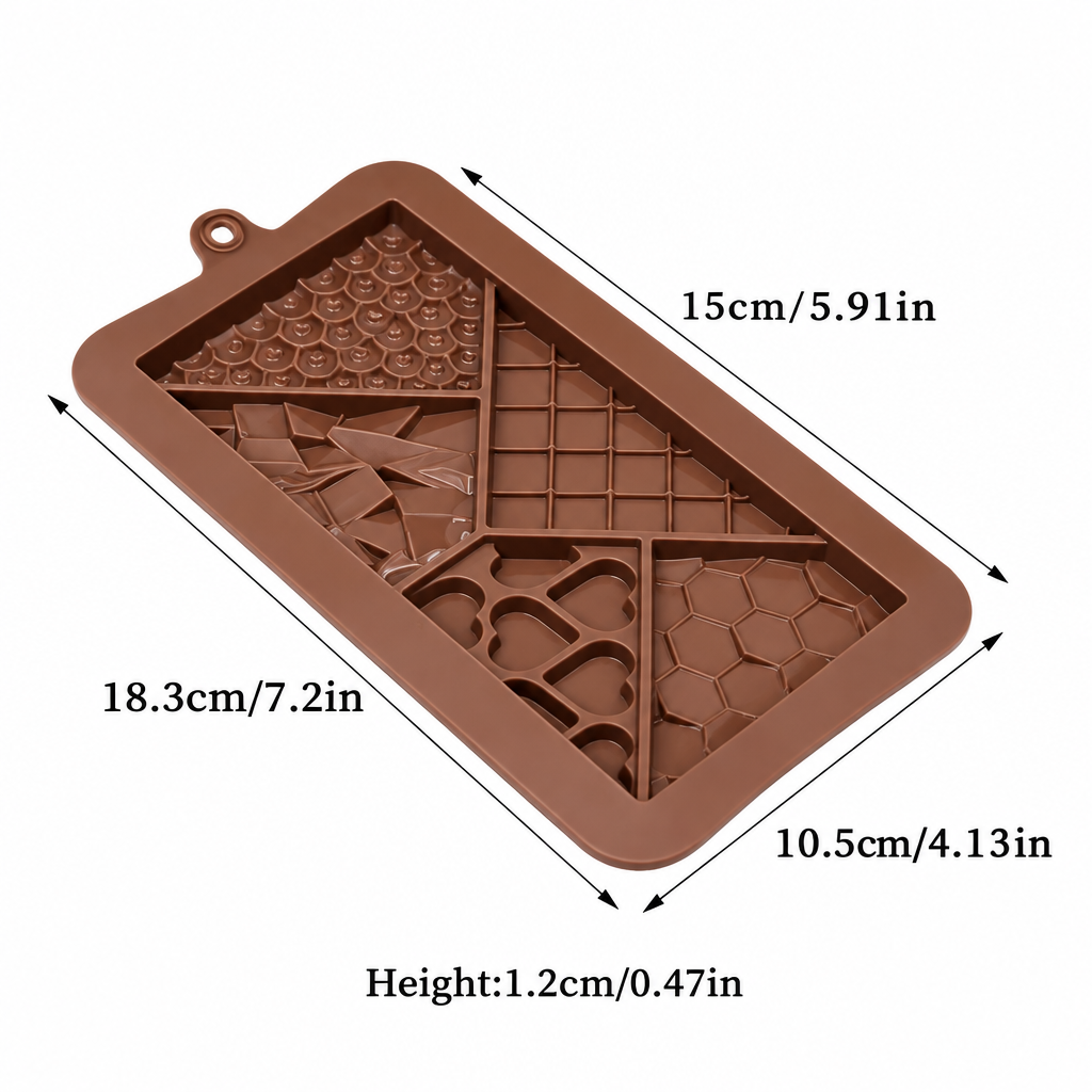 Molde de silicona Vallia Repostería color marrón para chocolate con diseños geométricos y medidas detalladas
