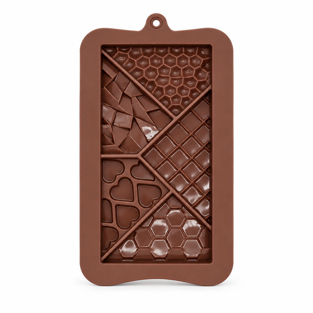 Molde de silicona Vallia Repostería para chocolate con texturas geométricas de panales y corazones en cocina