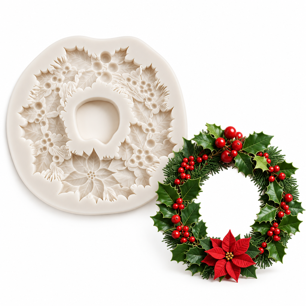 Molde de silicona Vallia Repostería para corona navideña con detalles de acebo y flores de pascua