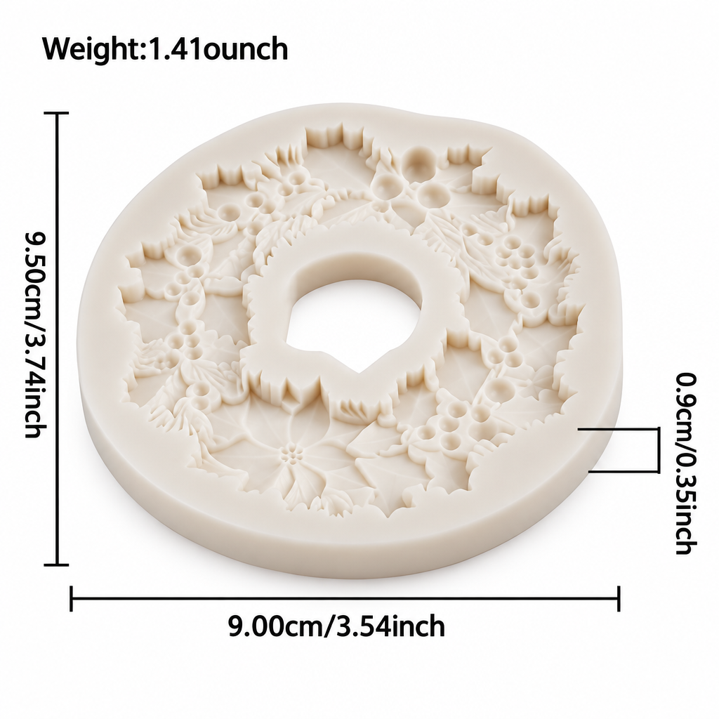 Molde de silicona Vallia Repostería para corona navideña con detalles de flores y hojas, medidas 9.5cm por 9cm.