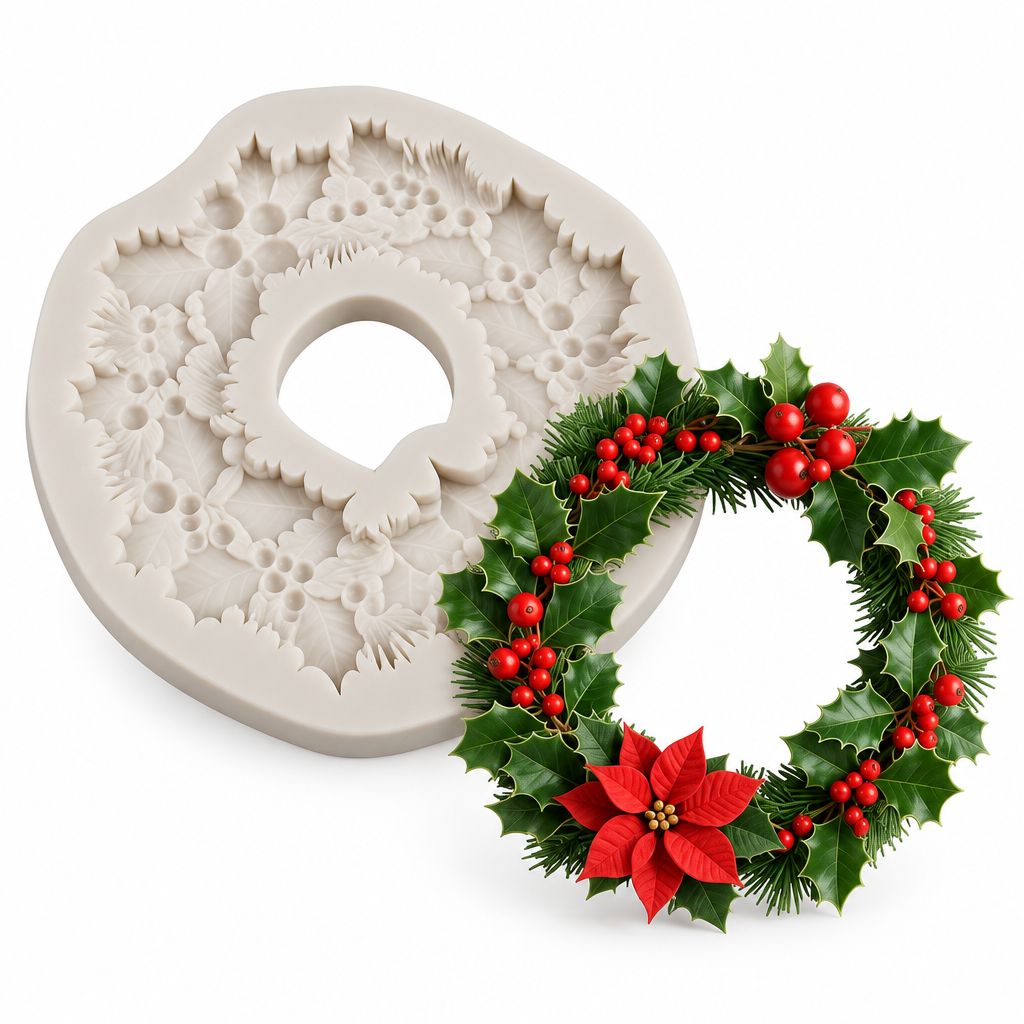 Molde de silicona Vallia Repostería para crear coronas navideñas con detalles de acebo y flores de pascua